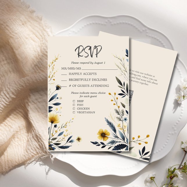 Cartons Réponse Aquarelle Fleur sauvage Elégant Mariage beige (Watercolor Floral Wedding RSVP Card with Menu Options, QR Code, Blue and Yellow Wildflowers.)