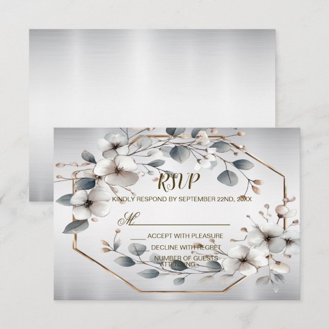 Cartons Réponse Aquarelle Fleurs blanches Cadre doré Argent Turquo (Devant / Derrière)