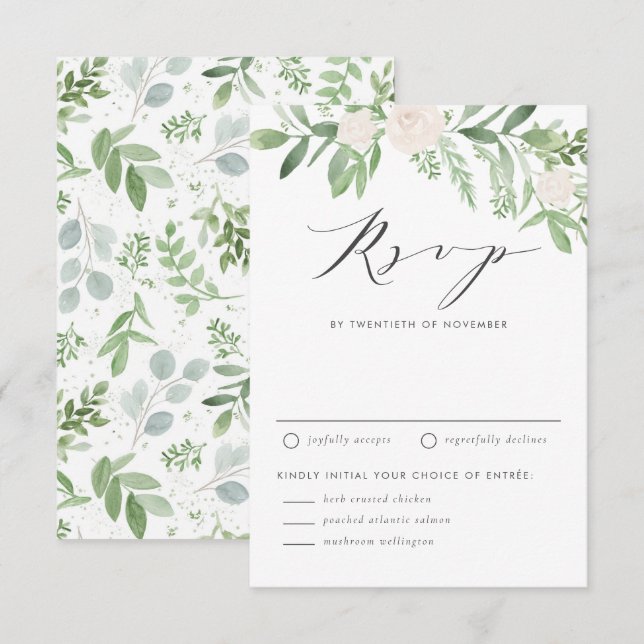 Cartons Réponse Aquarelle Fleurs blanches et Mariage de verdure (Devant / Derrière)
