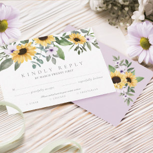 Cartons Réponse Aquarelle Fleurs de soleil jaunes & Fleurs violett