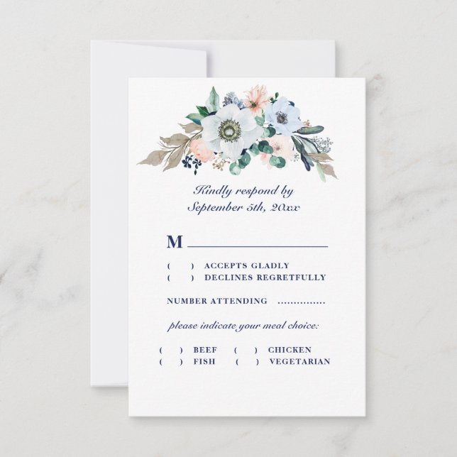 Cartons Réponse Aquarelle Floral Anémone Marine Mariage Repas Choi (Devant)