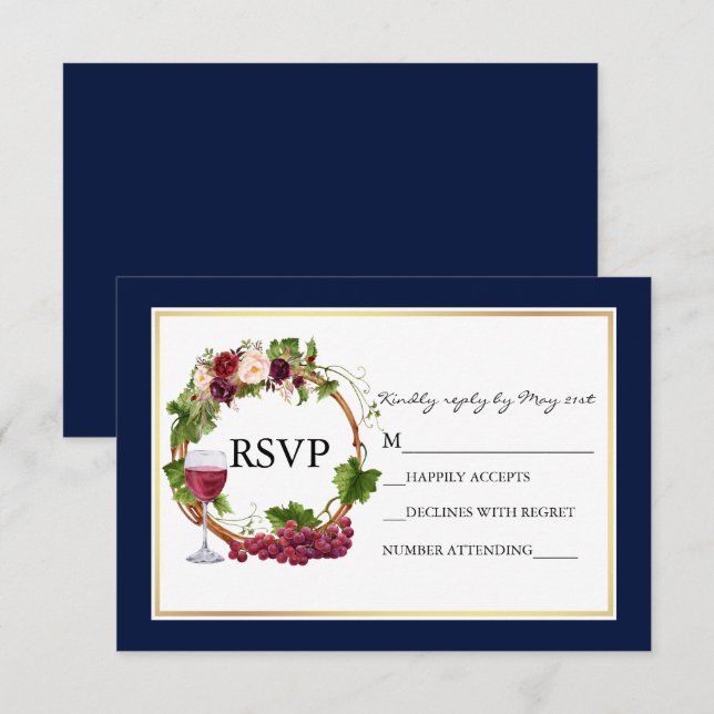 Cartons Réponse Aquarelle Floral Raisins Mariage de couronne bleu (Devant / Derrière)