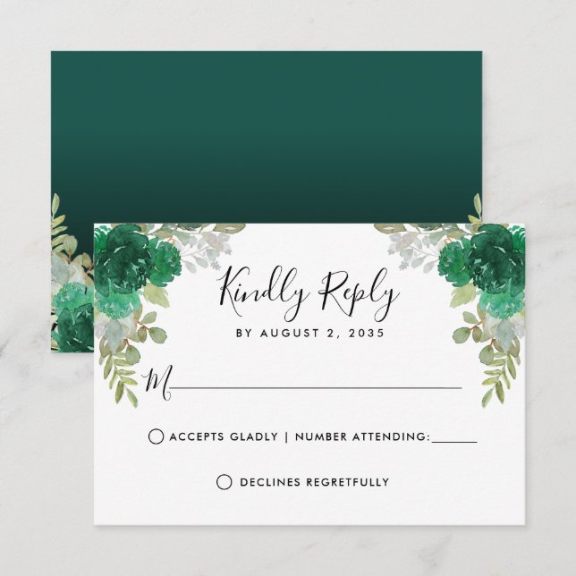 Cartons Réponse Aquarelle florale Emerald Green Quinceanera (Devant / Derrière)