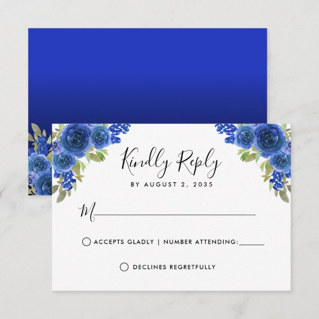 Cartons Réponse Aquarelle Florale Quinceanera Bleu Royal (Devant / Derrière)
