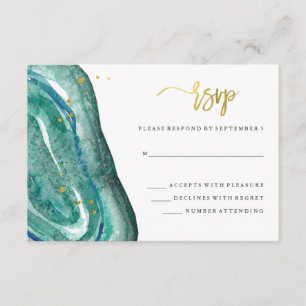 Cartons Réponse Aquarelle Géode Turquoise et Mariage en or Faux RS