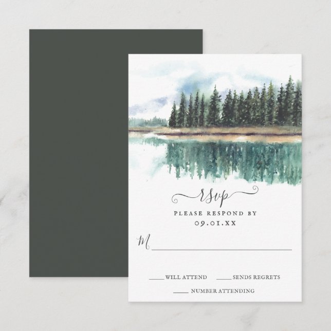 Cartons Réponse Aquarelle Lac Rustique | Mariage du lac Mountain (Devant / Derrière)