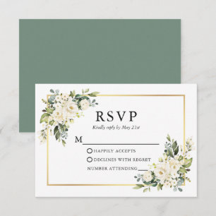 Cartons Réponse Aquarelle mariage Blanc Floral Or Sage Vert