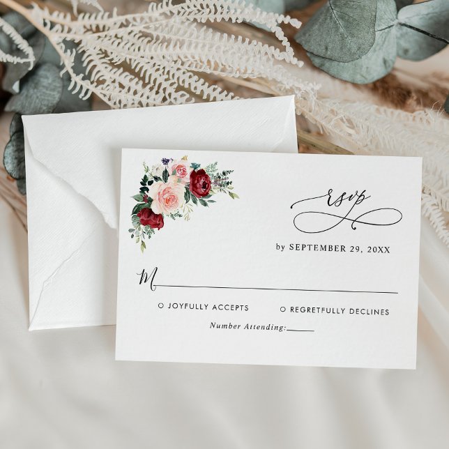 Cartons Réponse Aquarelle minimale Burgundy Blush Flowers Mariage (Créateur téléchargé)