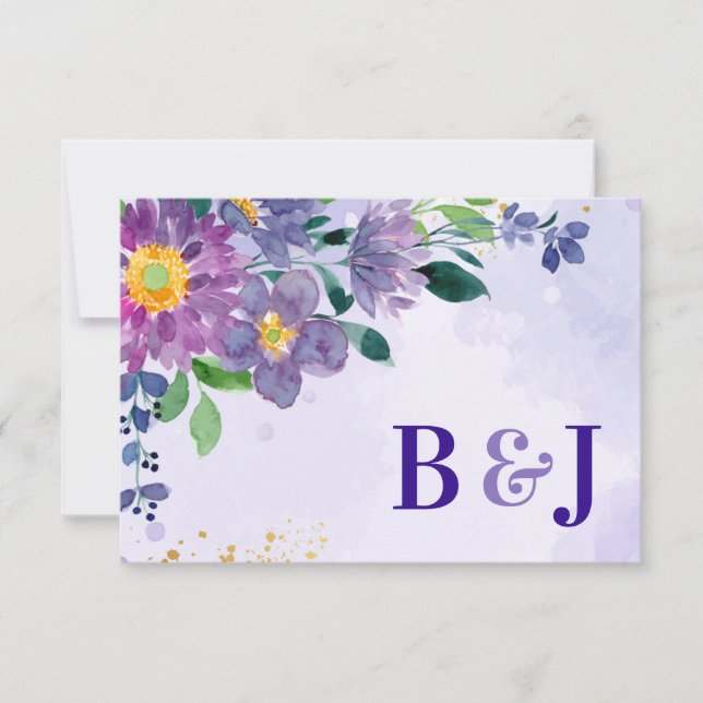 Cartons Réponse Aquarelle Monogramme bleu violet Mariage Floral (Devant)