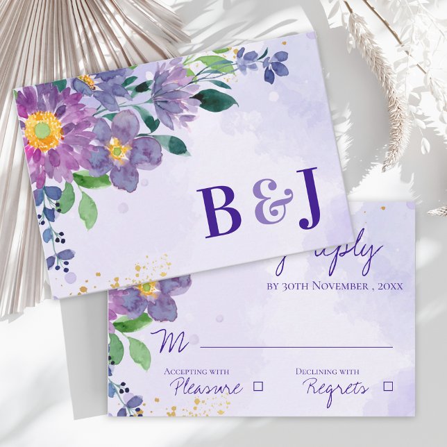 Cartons Réponse Aquarelle Monogramme bleu violet Mariage Floral (Pretty Purple Blue Watercolor Floral Wedding RSVP Card)