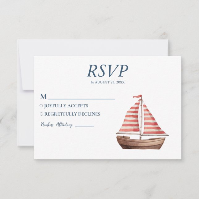Cartons Réponse Aquarelle Nautique Navire Voilier Mariage (Devant)