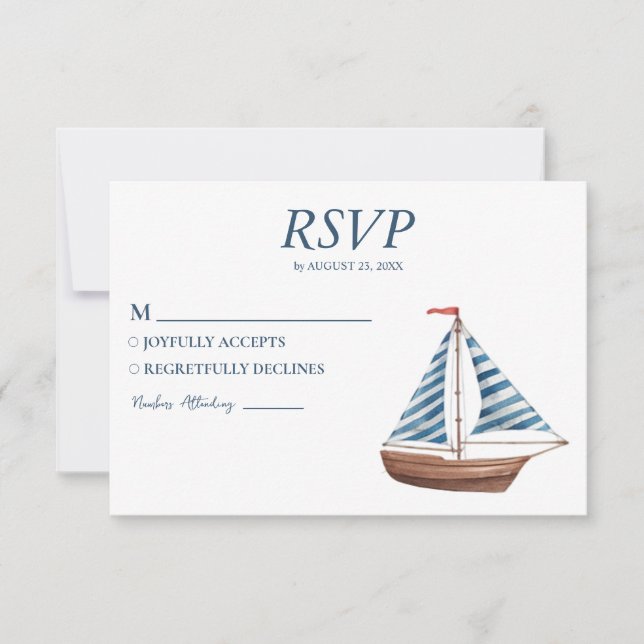 Cartons Réponse Aquarelle Nautique Navire Voilier Mariage (Devant)