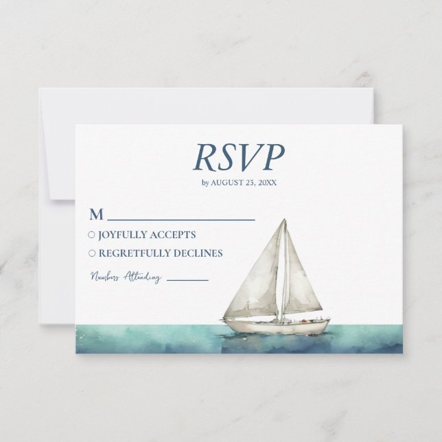 Cartons Réponse Aquarelle Nautique Navire Voilier Mariage (Devant)