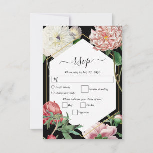 Cartons Réponse Aquarelle Peonies rose Fleurs Mariage Noir