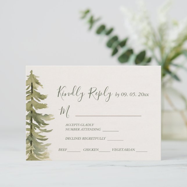 Cartons Réponse Aquarelle Pine Tree Forêt Mariage choix de repas (Debout devant)