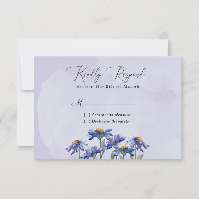 Cartons Réponse Aquarelle Purple Daisy Mariage moderne / Événement (Devant)