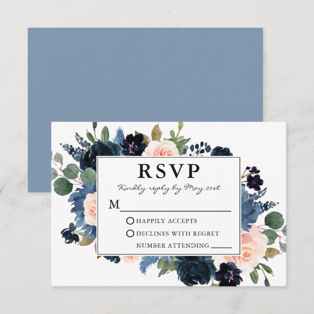 Cartons Réponse Aquarelle rose Dusty Bleu Mariage de cadre Floral (Devant / Derrière)