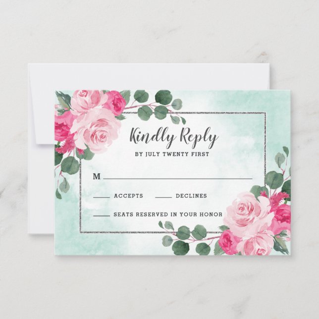 Cartons Réponse Aquarelle rose et argent Mariage floral (Devant)