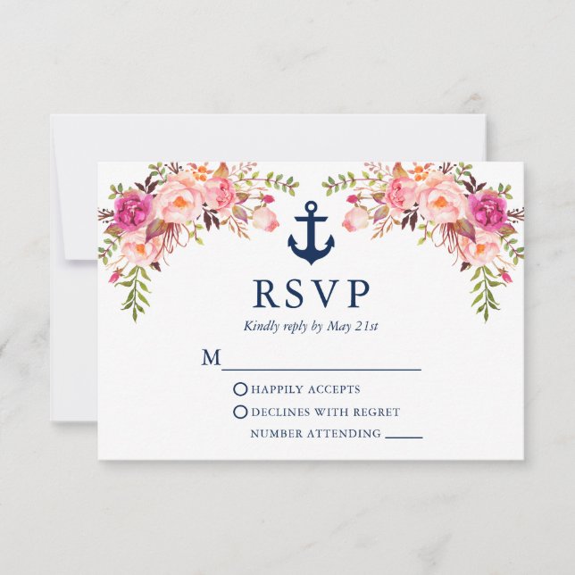Cartons Réponse Aquarelle rose floral Mariage Ancre nautique (Devant)