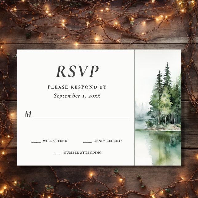 Cartons Réponse Aquarelle Rustic Mountain Lake Mariage forestier (Front - Watercolor Rustic Mountain Lake Forest Wedding RSVP Card)