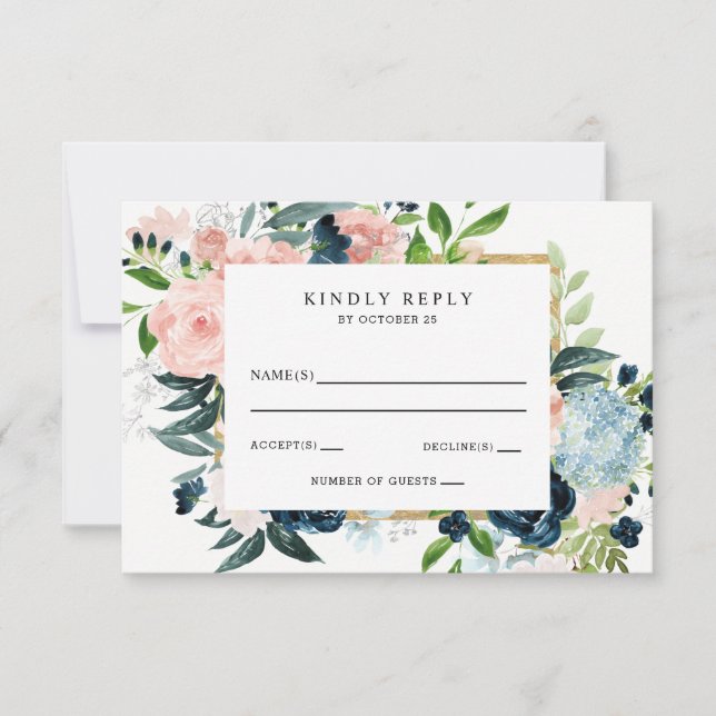 Cartons Réponse Aquarelle Rustique Marine Blush or Floral Mariage (Devant)