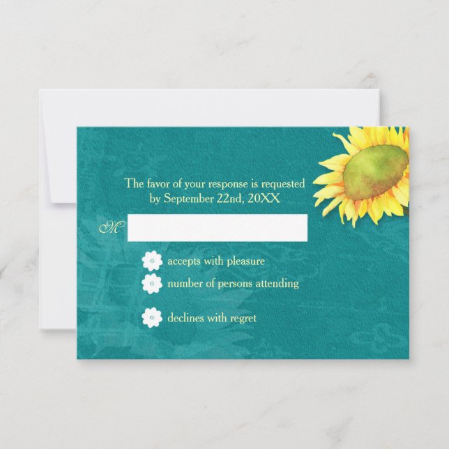 Cartons Réponse Aquarelle Tournesol Rustique Bleu Jade Mariage RSV (Devant)