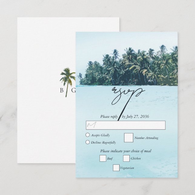 Cartons Réponse Aquarelle tropicale Palms & Mariage de plage (Devant / Derrière)