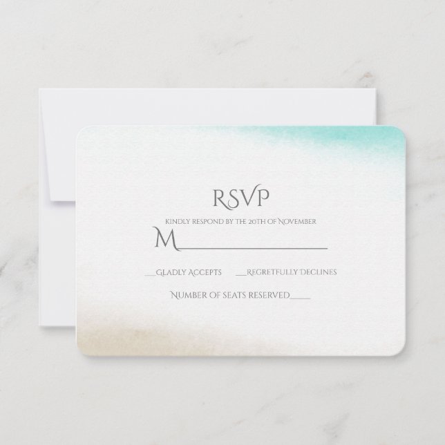 Cartons Réponse Aquarelle Turquoise & Tan Subtle Beach Wedding RSV (Devant)