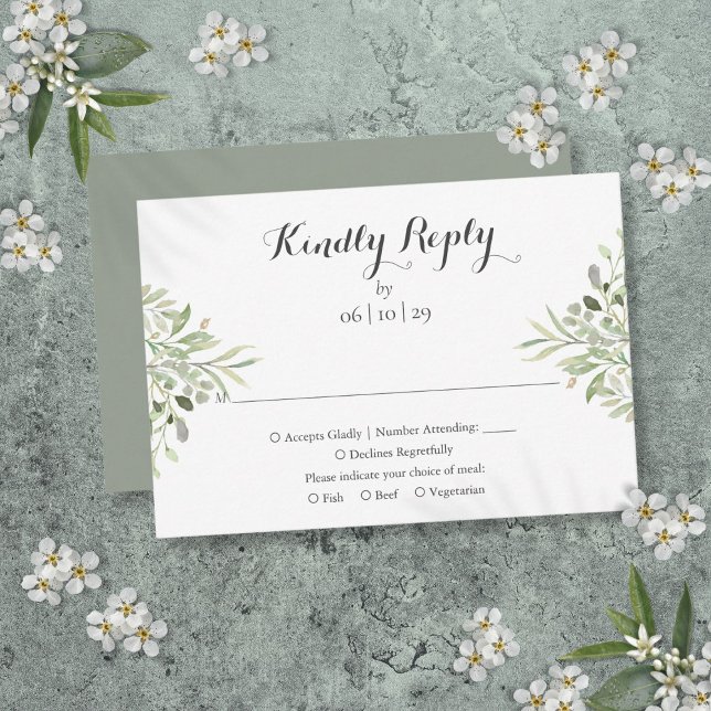 Cartons Réponse Aquarelle Verdure Élégant Mariage Script (Watercolor Greenery Elegant Script Wedding RSVP Card)