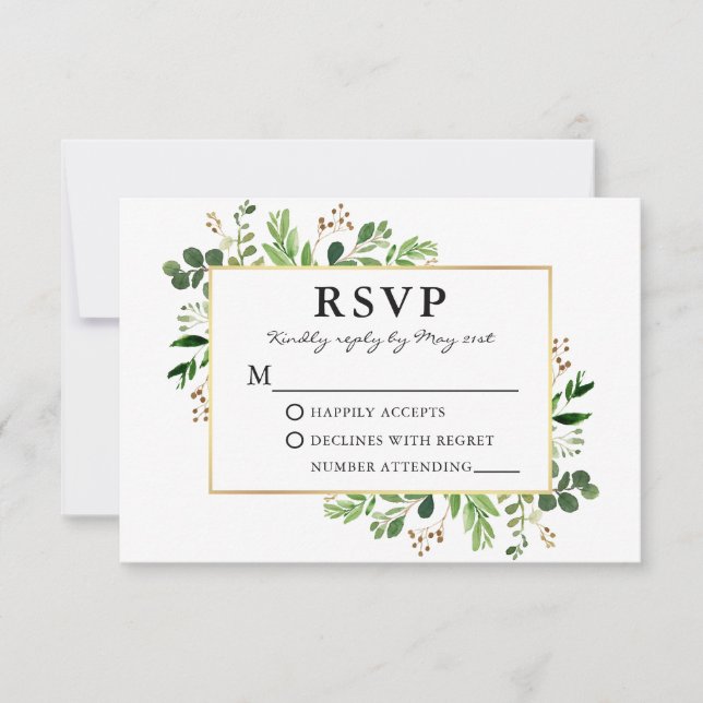 Cartons Réponse Aquarelle Verdure Eucalyptus Gold Frame Mariage (Devant)