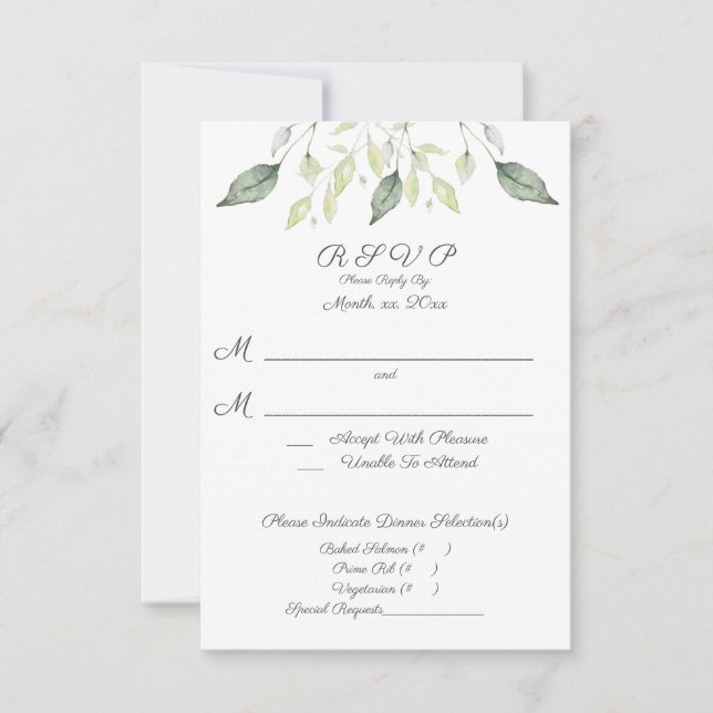 Cartons Réponse Aquarelle Vert Feuilles Mariage élégant (Devant)