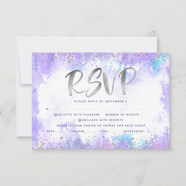 Cartons Réponse Aquarelle violette bat mitzvah en feuille d'argent (Devant)