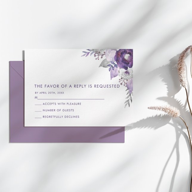 Cartons Réponse Aquarelle violette et argentée Mariage floral (Purple and Silver Watercolor Floral Wedding RSVP Card)