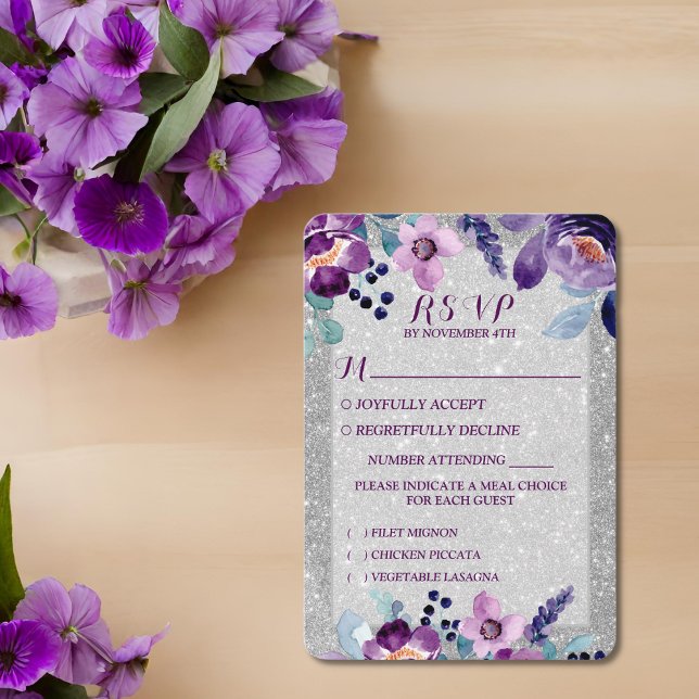Cartons Réponse Aquarelle violette Floral et Mariage Parties scint (Créateur téléchargé)