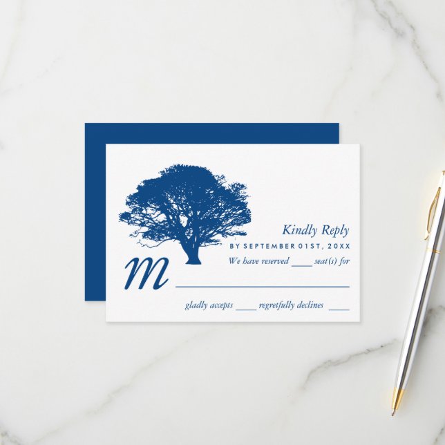 Cartons Réponse Arbre de chêne bleu, Mariage rustique et minimalis (Devant/Arrière en situation)