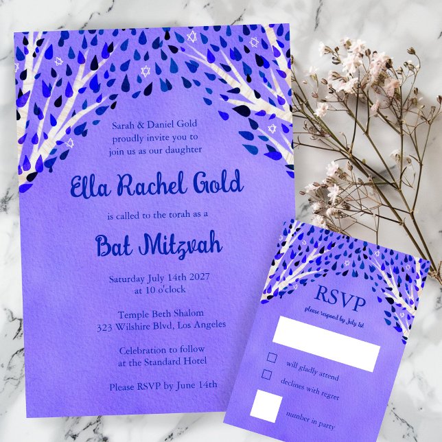 Cartons Réponse Arbre de la vie Stars Aquarelle Bat Bar Mitzvah (Tree of Life Stars Watercolor Bat Bar Mitzvah RSVP Card
)