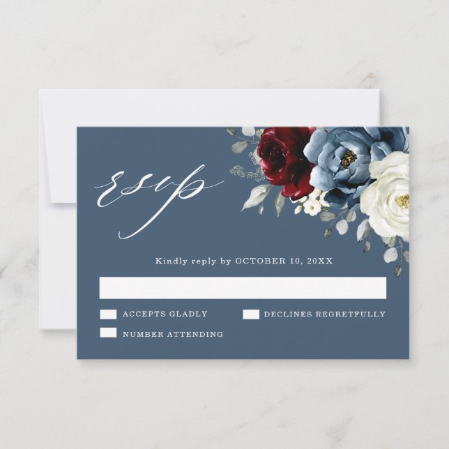Cartons Réponse Ardoise bleu Bourgogne blanc ivoire Mariage floral (Devant)