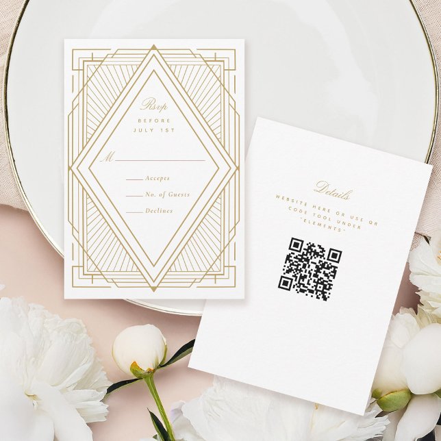 Cartons Réponse Art Déco Diamant Mariage blanc et or (Créateur téléchargé)
