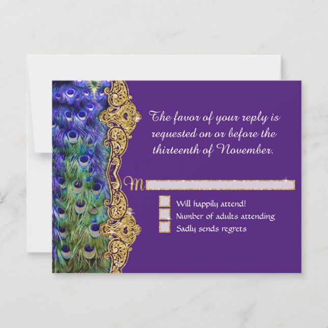 Cartons Réponse Art Déco Peacock Glam Old Hollywood Purple Mariage (Devant)