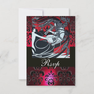 Cartons Réponse ART NOUVEAU RED BLACK WHITE DAMASK RSVP, ruby
