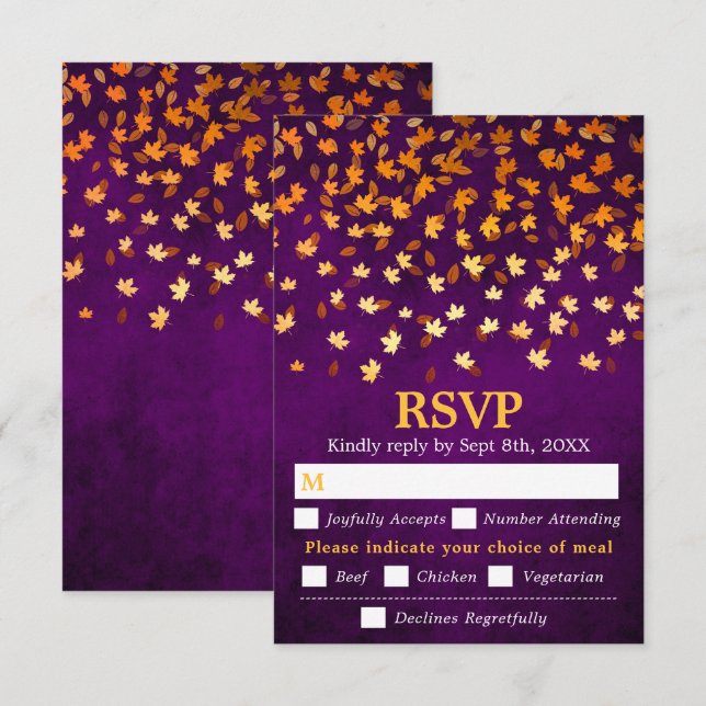 Cartons Réponse Automne Feuilles Purple Grunge Mariage Repas Choix (Devant / Derrière)