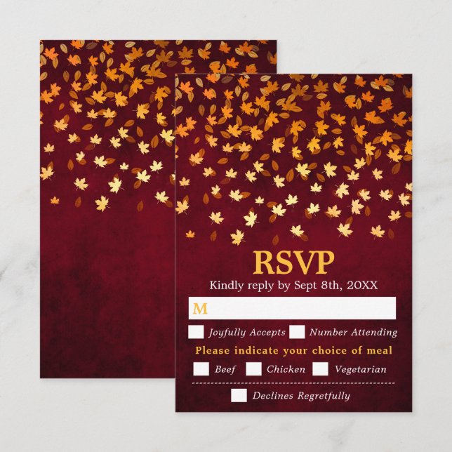 Cartons Réponse Automne Feuilles Red Grunge Mariage Repas Choix (Devant / Derrière)