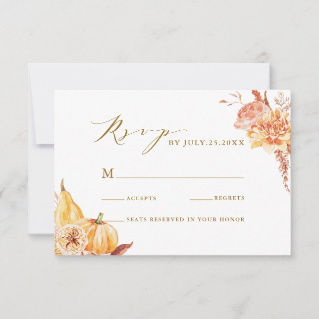 Cartons Réponse Automne Floral Citrouille Rustique Mariage Gold Sc (Devant)