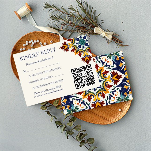 Cartons Réponse Azulejo bleu portugais mariage méditerranéen (Azulejo blue Portuguese tiles Mediterranean themed wedding qr RSVP Card wedding invitation suite)