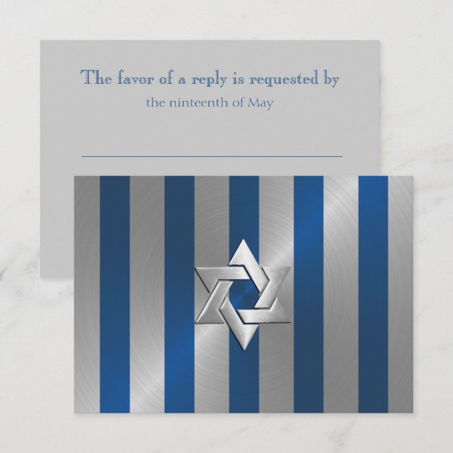 Cartons Réponse Bar Mitzvah Blue et Silver Stripe Star de David (Devant / Derrière)