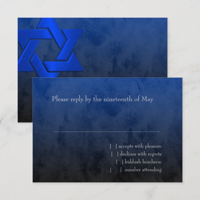 Cartons Réponse Bar Mitzvah Etoile Bleue Stylish de David Ombre (Devant / Derrière)