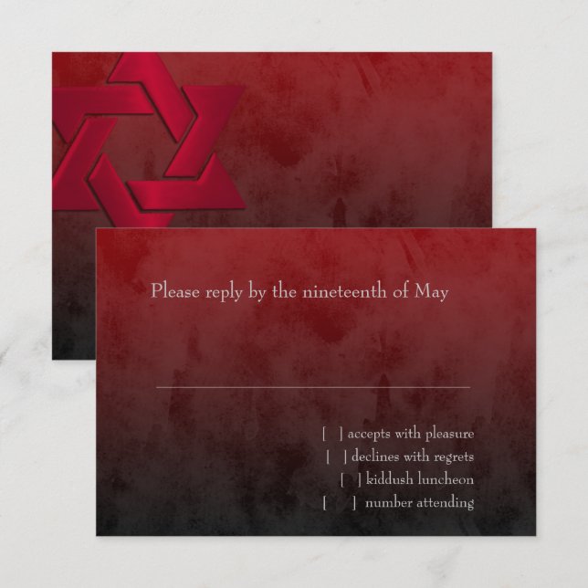 Cartons Réponse Bar Mitzvah Étoile rouge élégante de David Ombre (Devant / Derrière)