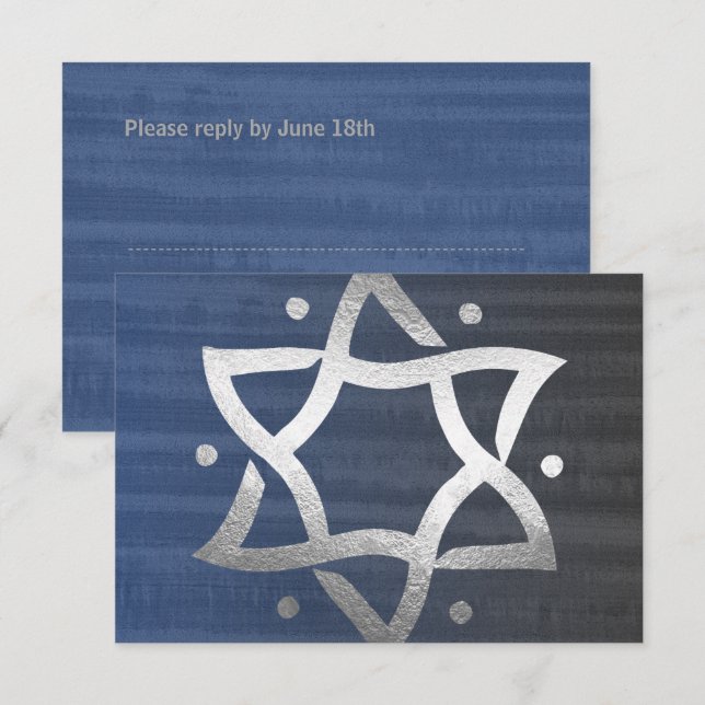 Cartons Réponse Bar Mitzvah Gris et Bleu en bois étoile d'argent R (Devant / Derrière)