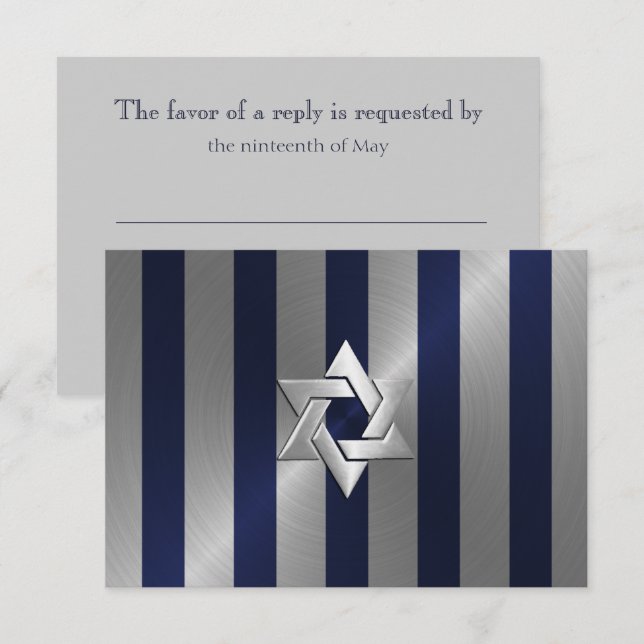 Cartons Réponse Bar Mitzvah Navy et Silver Stripe Star de David (Devant / Derrière)
