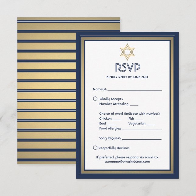 Cartons Réponse Bar Mitzvah Options de repas Chanson Demande Blue  (Devant / Derrière)